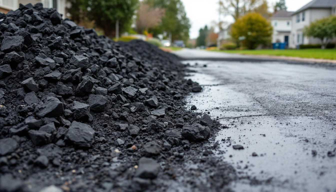 Torn up asphalt chunks heaped beside a stripped driveway