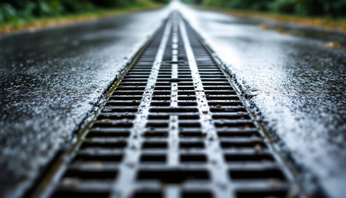 Metal grate of a trench drain set across a wet concrete drive