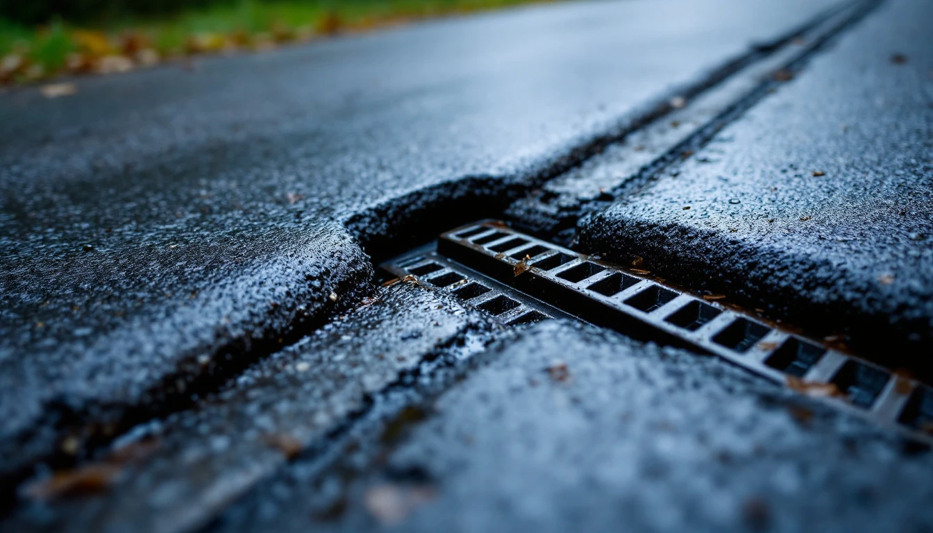 Trench drain grate crossing a sloped asphalt driveway after rain