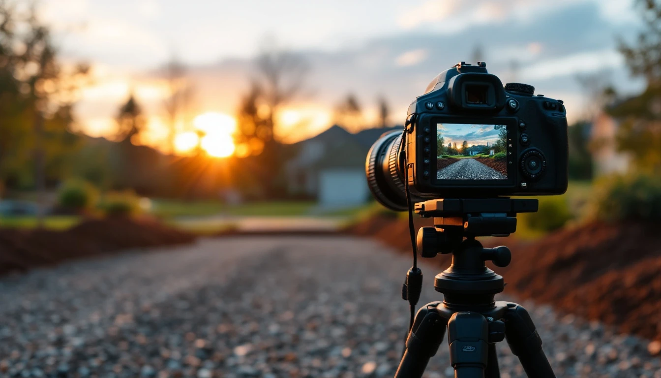 Camera on a tripod overlooking a formed driveway bed at dusk