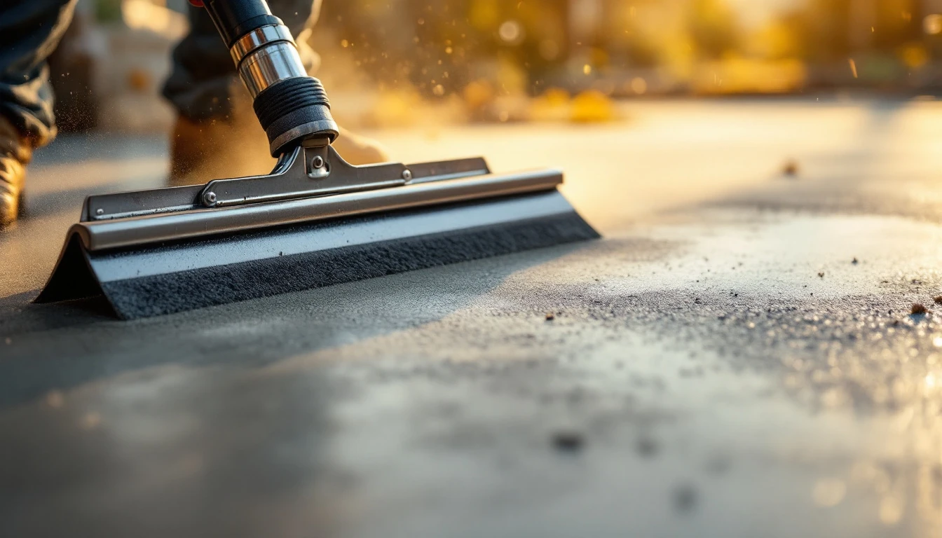 Arcing trowel sweeps across smooth fresh concrete in warm evening light
