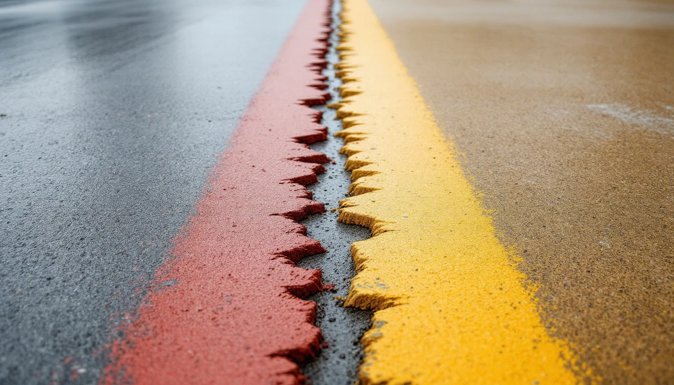 Two tones of colored concrete meeting along a straight sawn line