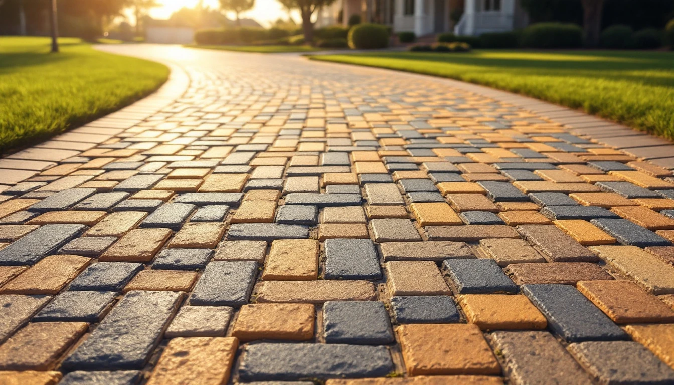 Two tone paver drive with contrasting border in midday sun
