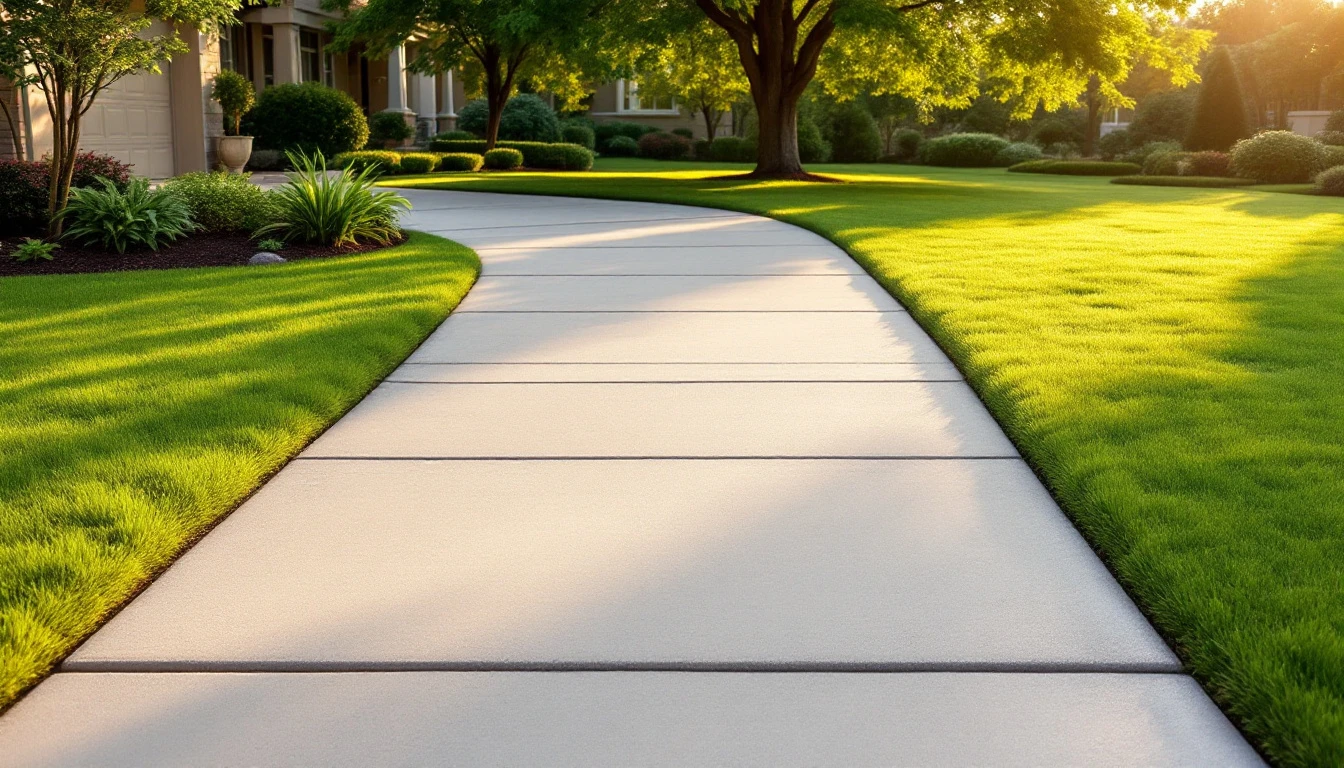Uniform pale concrete drive with crisp neat lawn edges