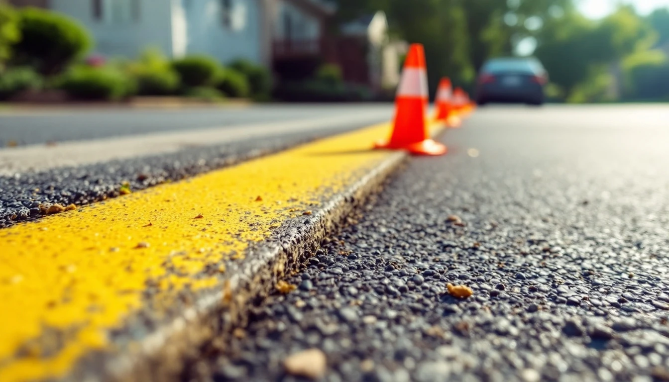 Colored utility marking flags along the edge of an asphalt driveway