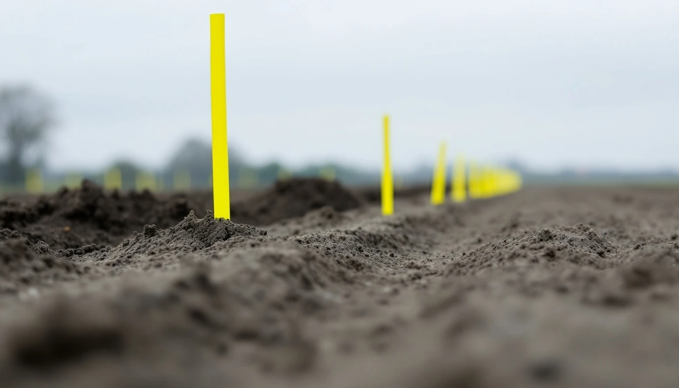 Bright marking flags lining a bare strip of soil
