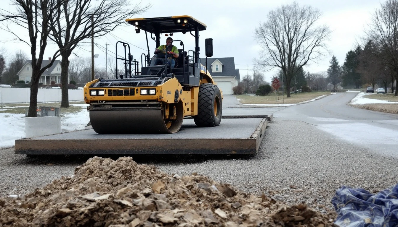 Vibratory roller compacting a gravel driveway base under flat skies