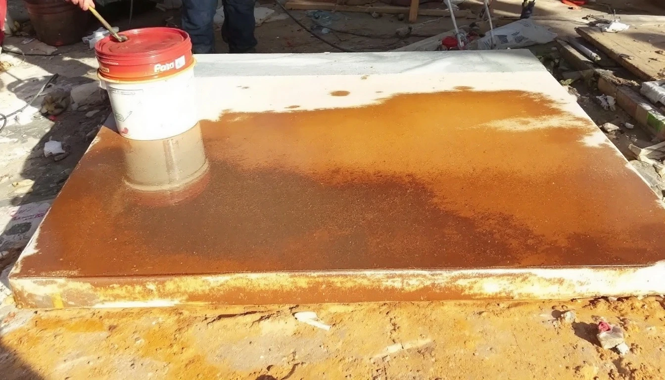 Warm brown stain freshly applied over half of a concrete driveway slab