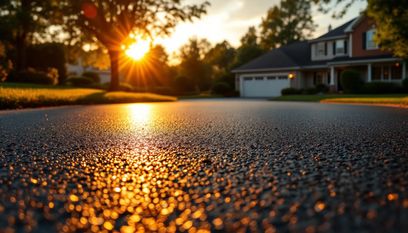Freshly sealed blacktop driveway glowing in warm evening light