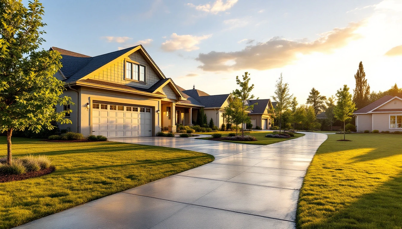 Fresh concrete drive glowing softly in warm evening light