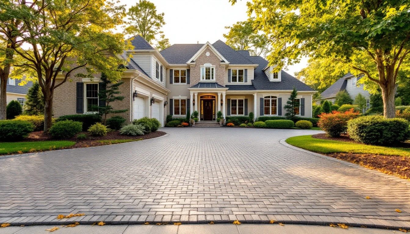 New interlocking paver driveway glowing in warm evening light