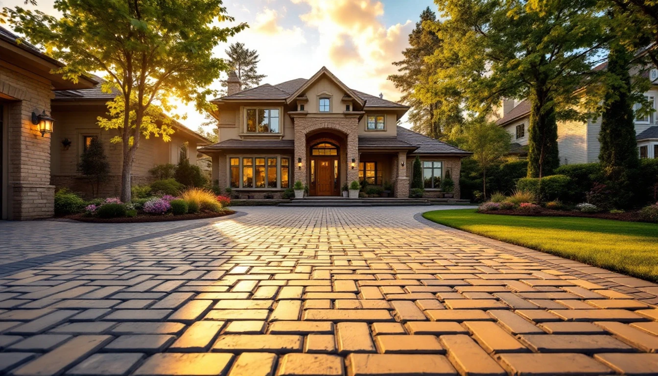 Warm toned paver driveway complementing the home facade at golden hour