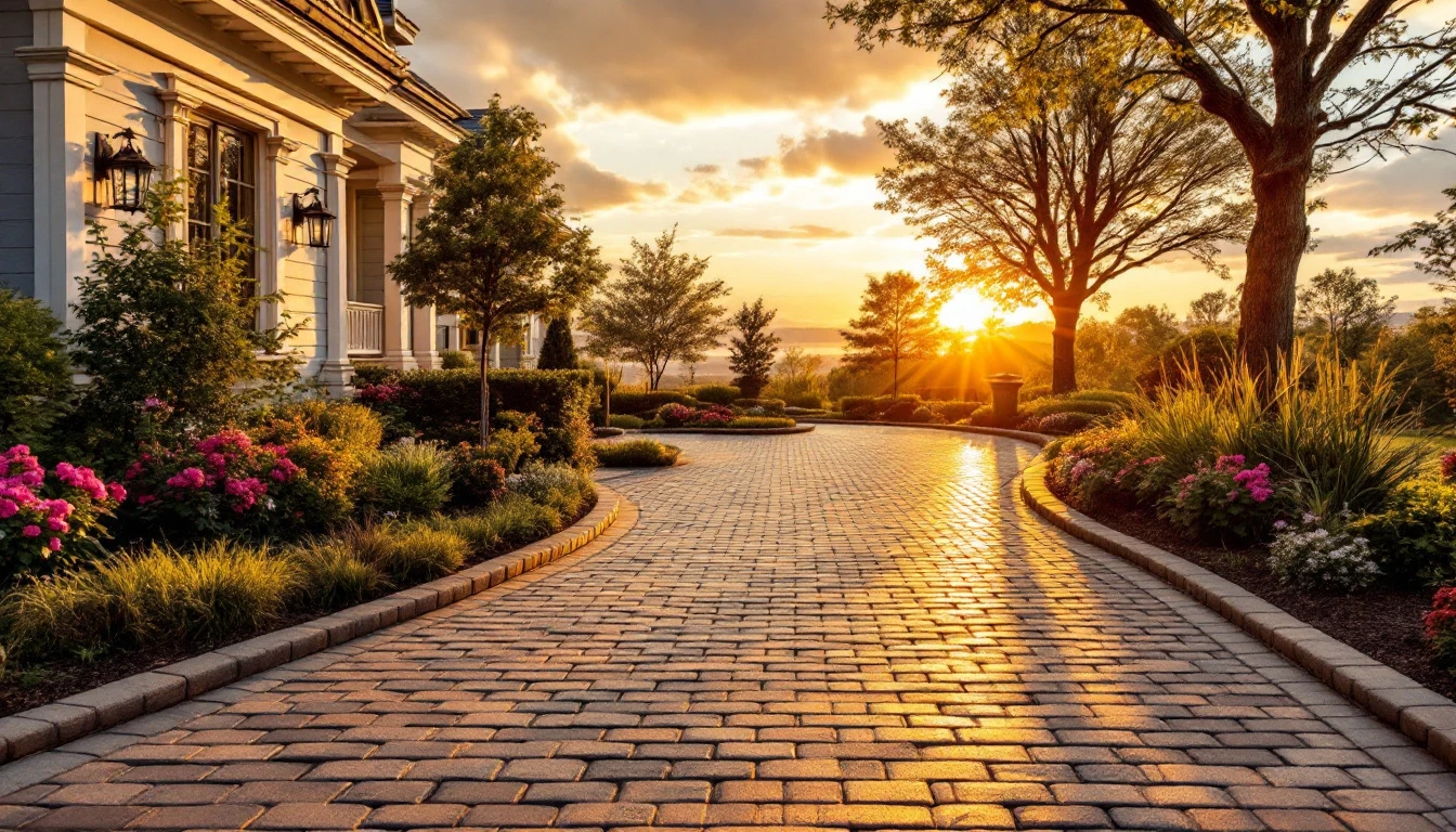 Interlocking paver drive catching warm sunset light from above