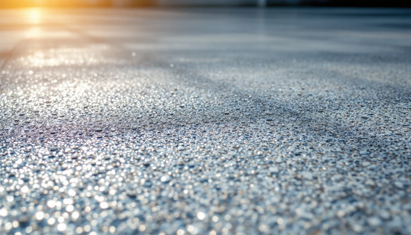Freshly washed exposed aggregate concrete finish in bright midday sun