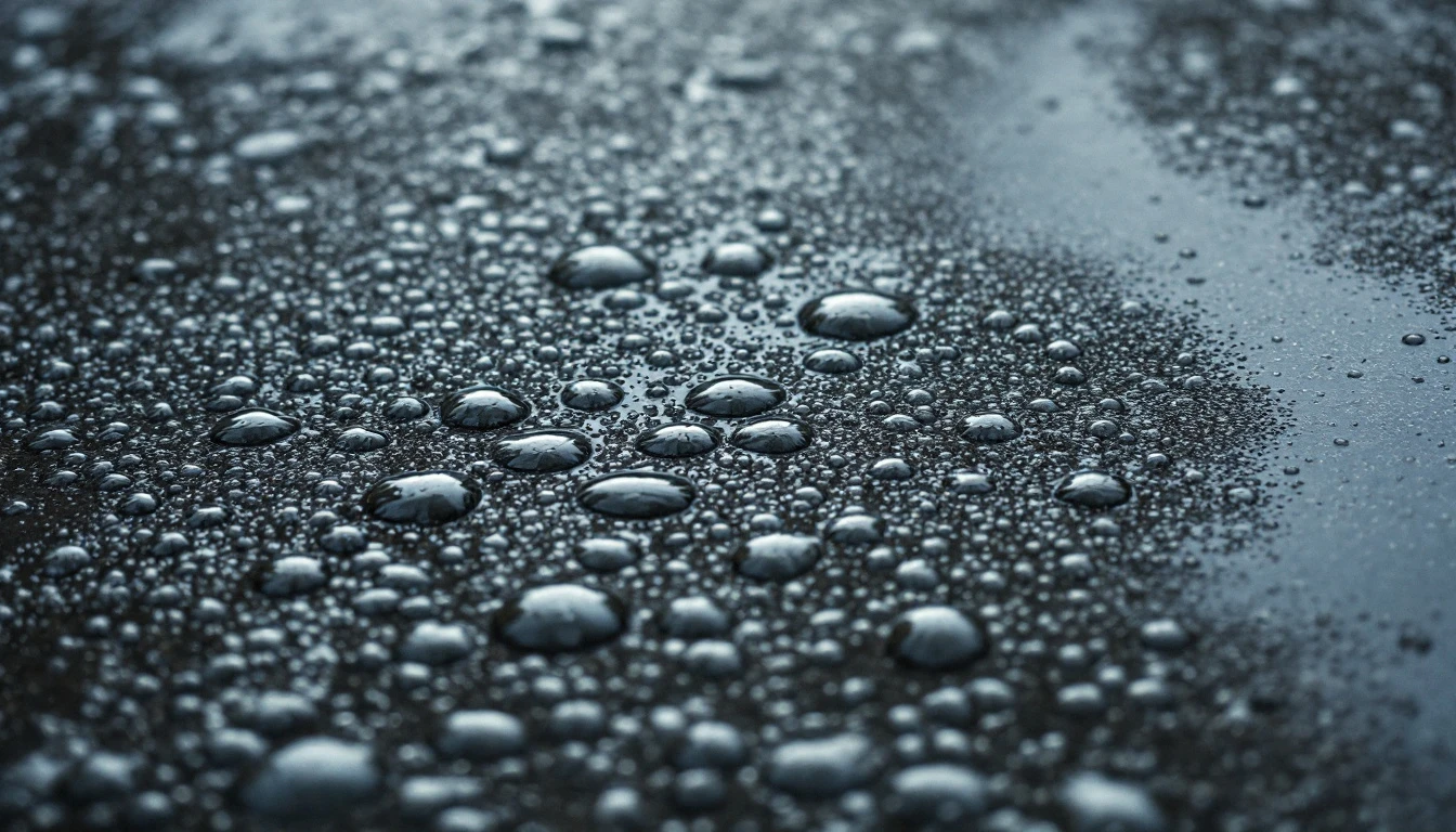 Water beads pooling on a dense sealed concrete surface after rain