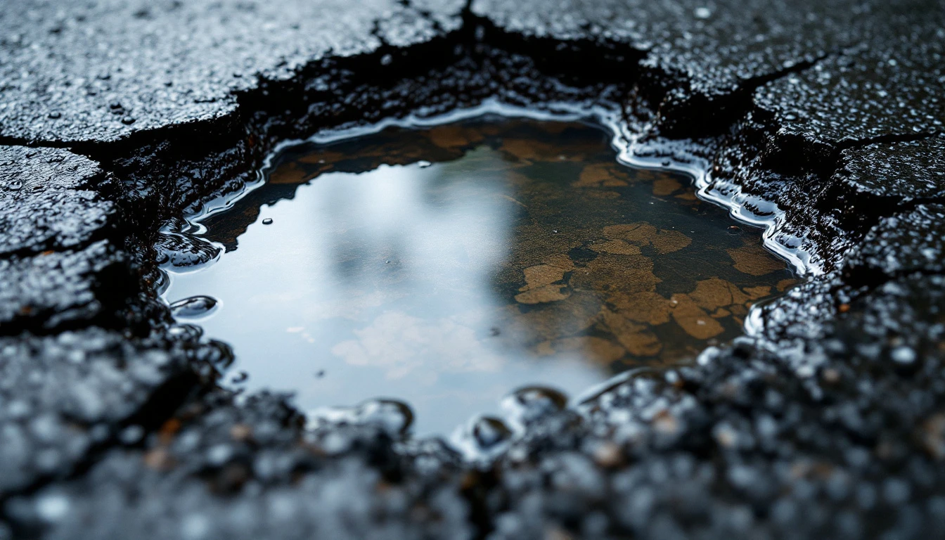 Water filled pothole breaking through an asphalt driveway