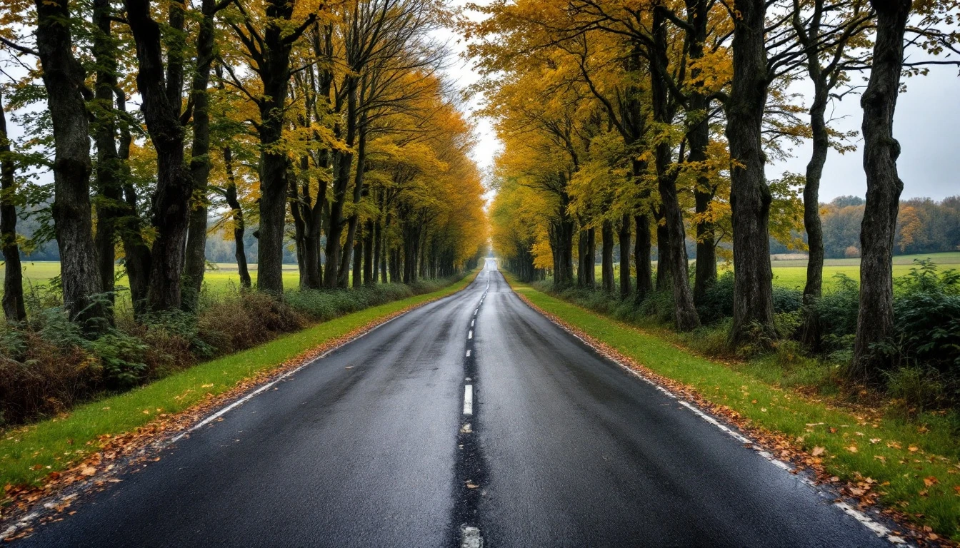 Weathered asphalt driveway winding between trees toward a country home