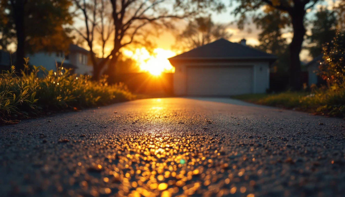 Faded weathered asphalt drive under warm evening light