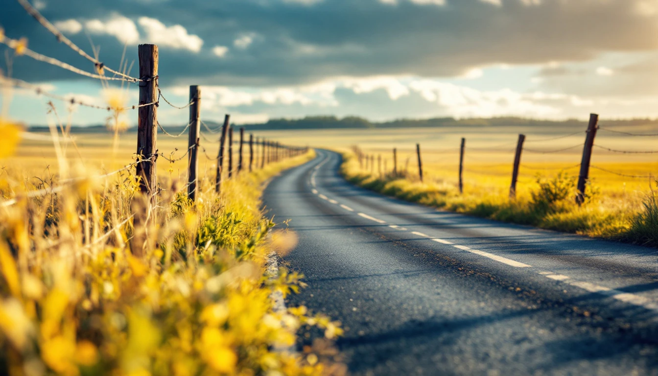Weathered asphalt lane running beside fence posts in bright sun