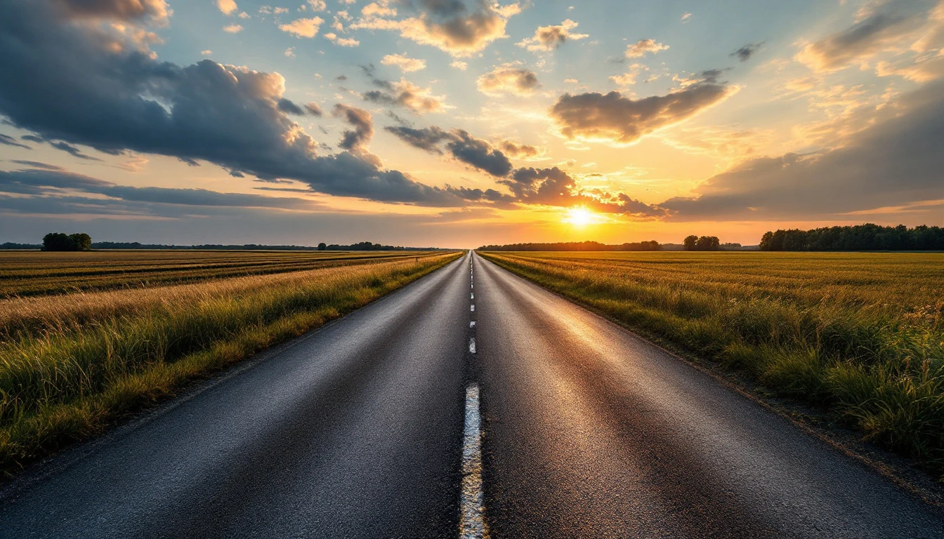 Weathered asphalt lane running past open fields at golden hour