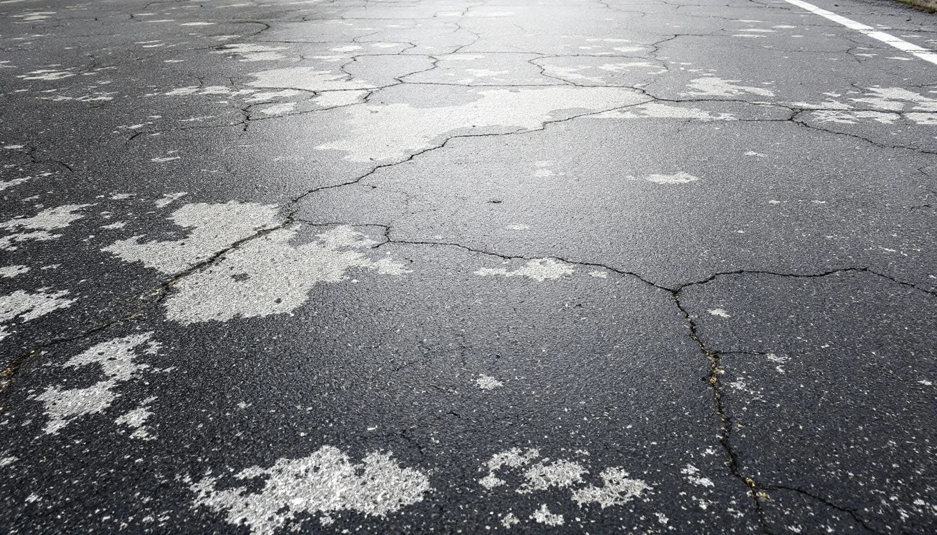 Weathered asphalt frontage showing fine cracks and faded patched areas
