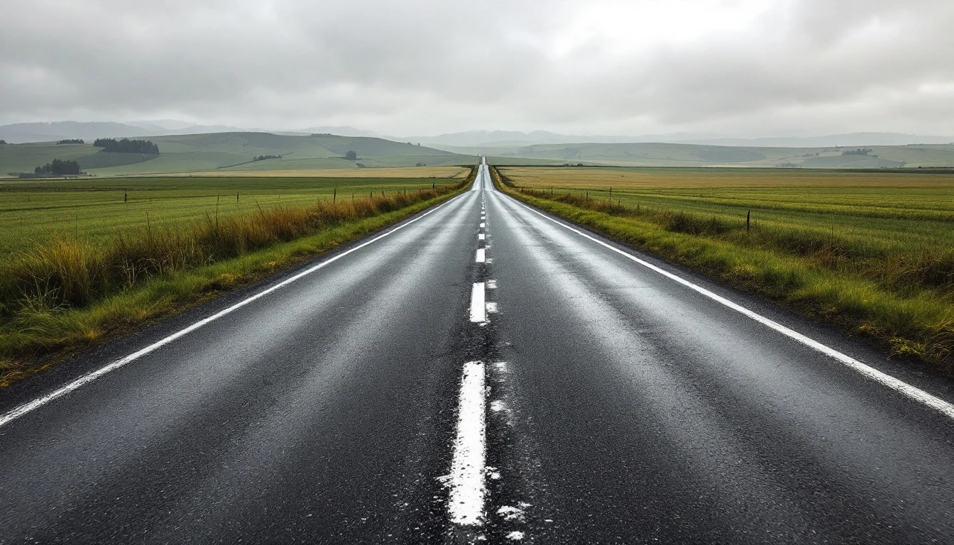 Weathered asphalt lane running between open fields under gray sky