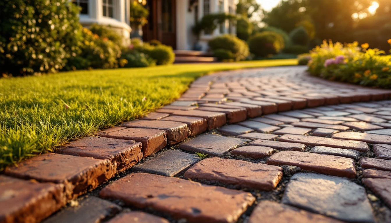 Weathered brick pavers curving toward a classic house at warm dusk