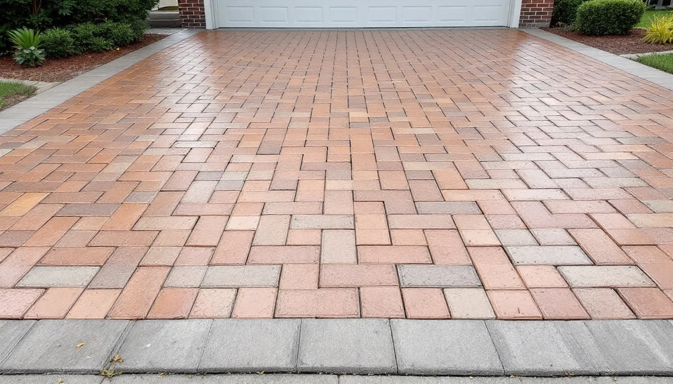 Weathered clay paver driveway with faded joints under flat gray light