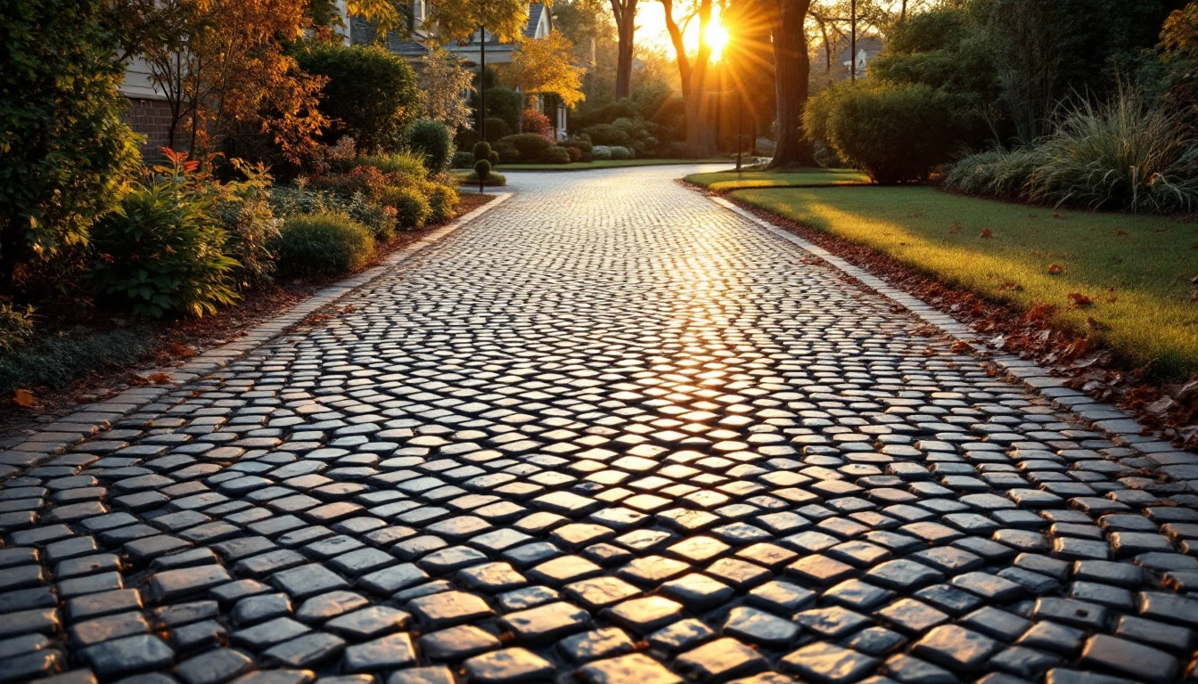 Weathered cobblestone driveway in fan pattern glowing in warm evening light