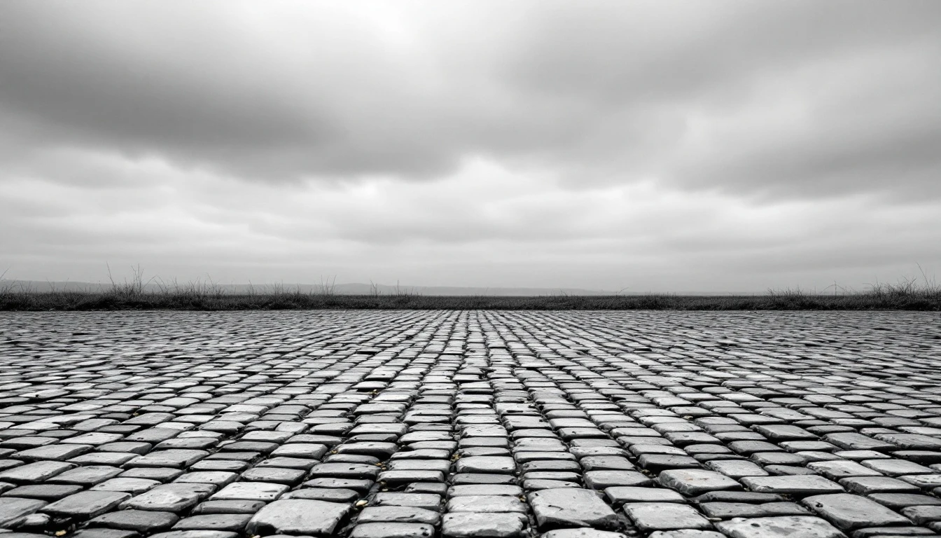 Weathered cobblestone frontage under a flat gray overcast sky