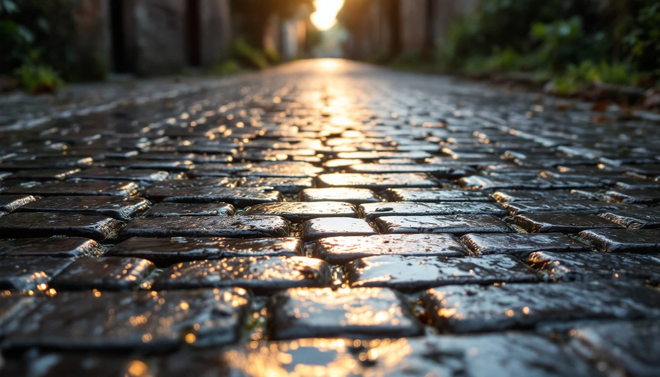 Weathered cobblestone lane glistening after rain beside open fields