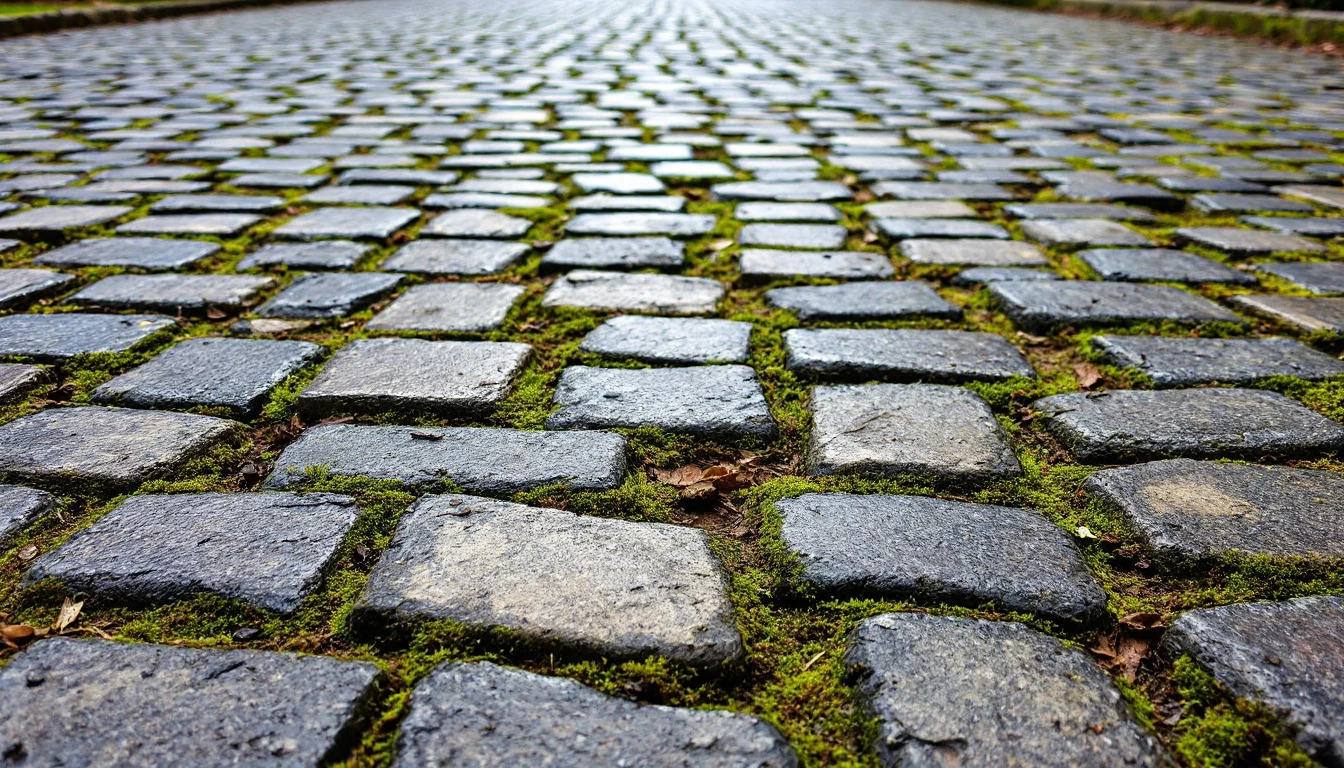 Weathered cobblestone driveway with moss-filled joints under gray skies