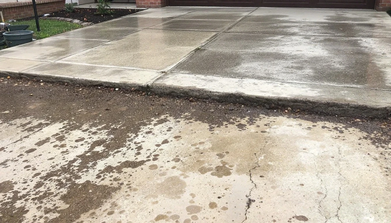 Weathered concrete driveway frontage still damp after rain