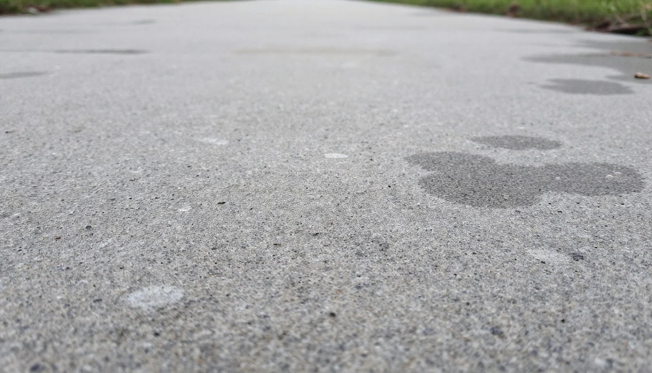 Weathered concrete surface with faint stains along the drive