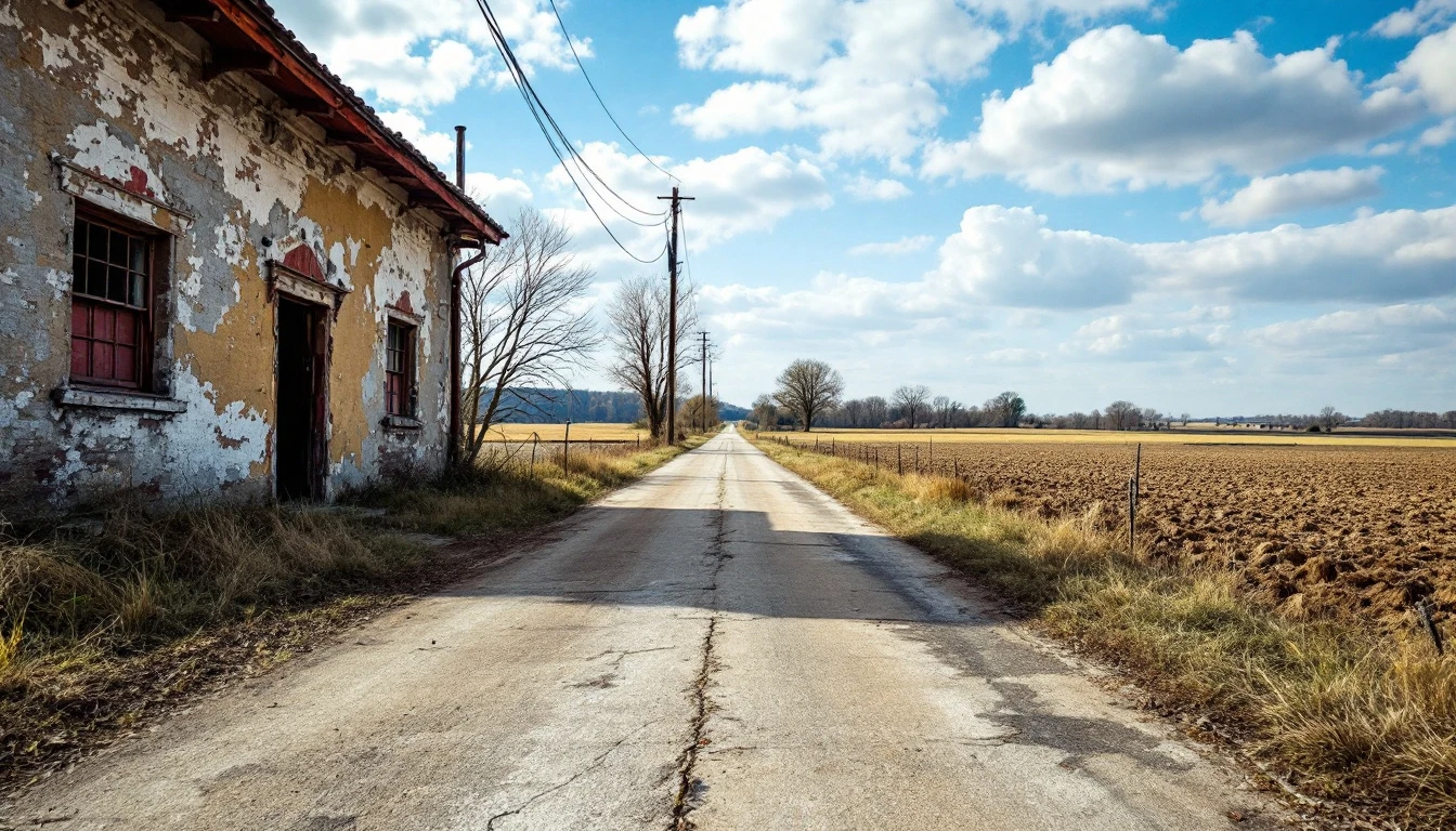 Aging concrete rural driveway stretching ahead in bright midday sun