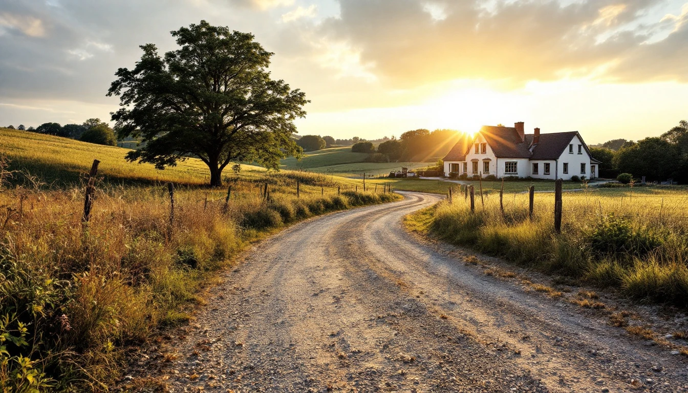 Weathered gravel driveway curving toward a home in warm evening light