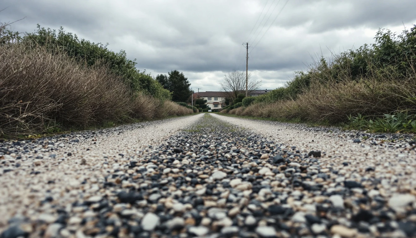 Weathered gravel drive bordered by shrubs beneath gray skies