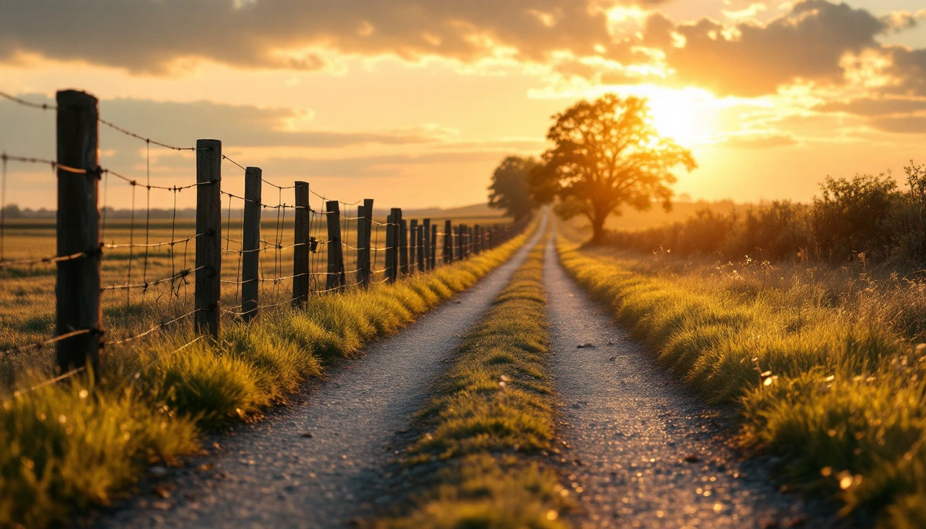 Weathered gravel lane glowing in low evening light past pasture fence