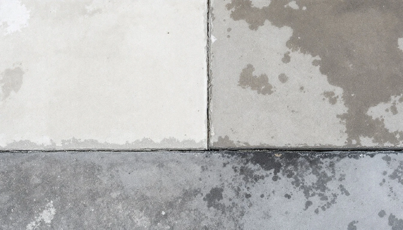 Joint line where weathered gray concrete meets a fresh new pour