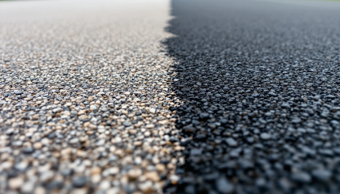 Weathered asphalt driveway half coated with fresh dark sealant