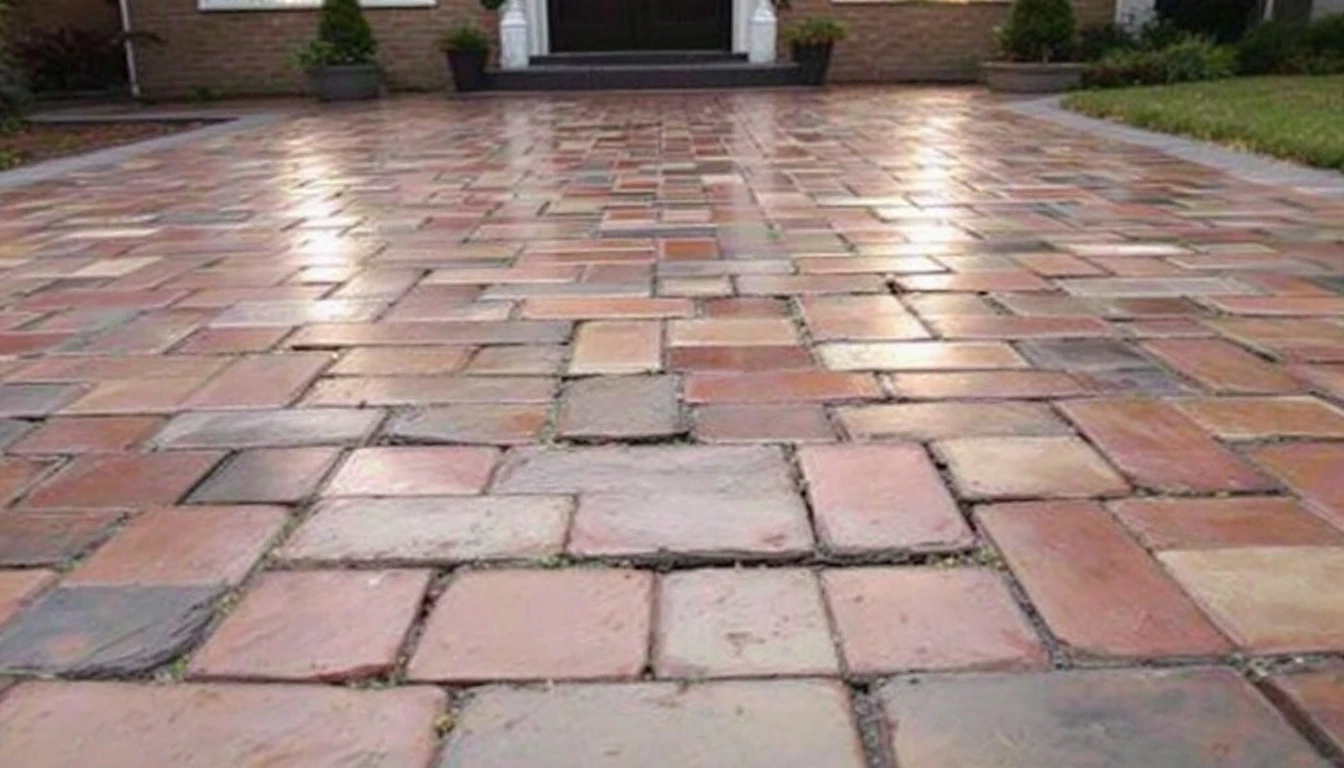 Weathered clay paver driveway leading to a front entry in gray light