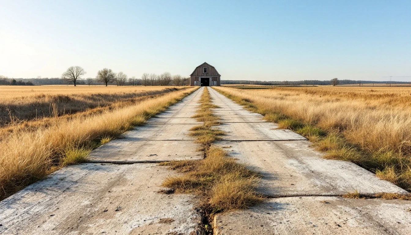 Weathered concrete track crossing open land toward a distant barn