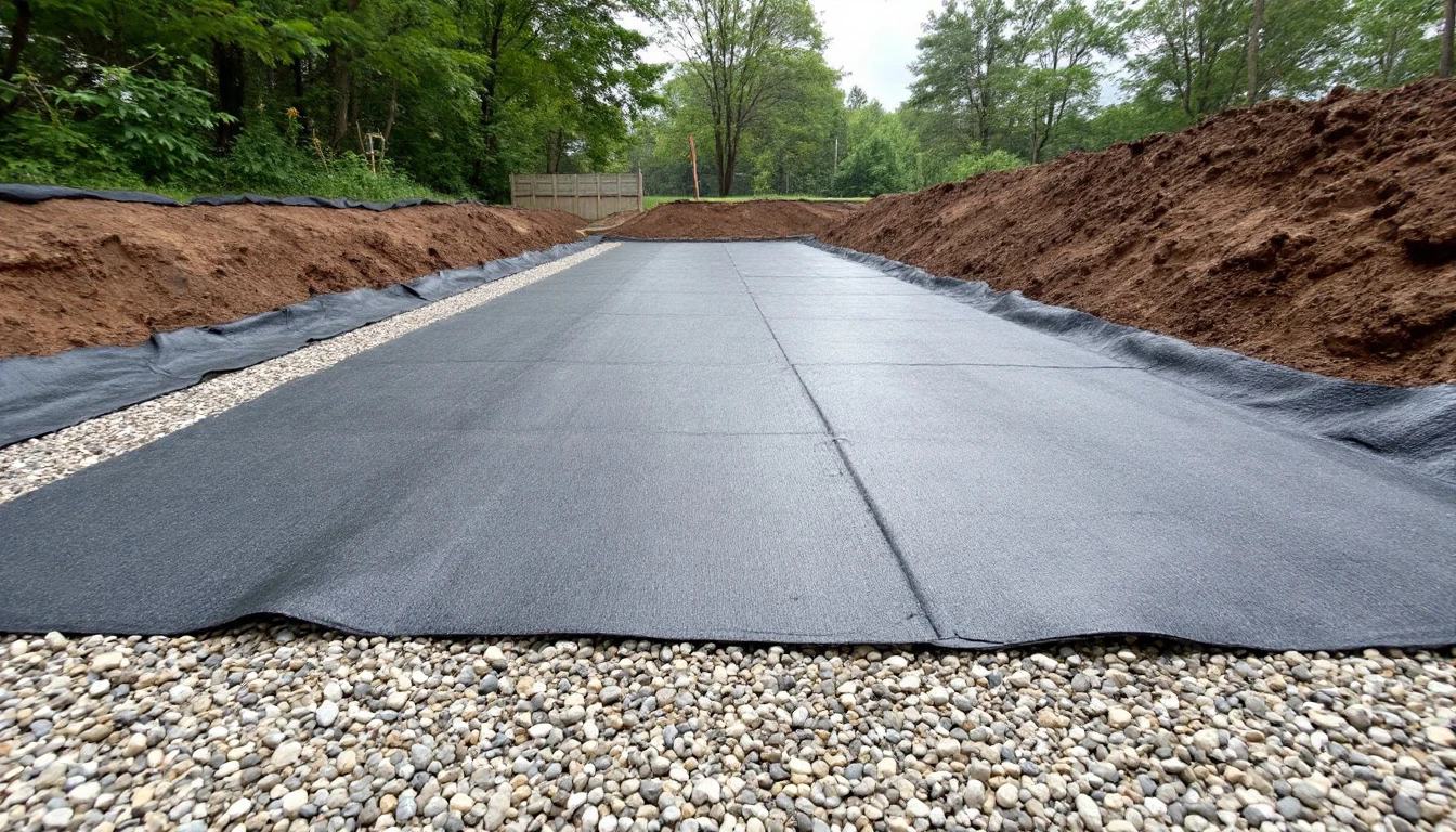 Black weed barrier fabric spread flat under a fresh gravel layer