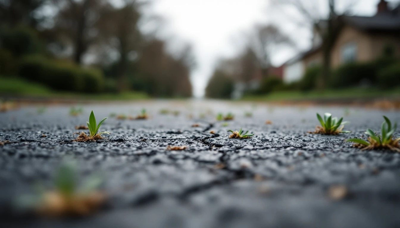 Weeds sprouting from cracks in a neglected asphalt drive