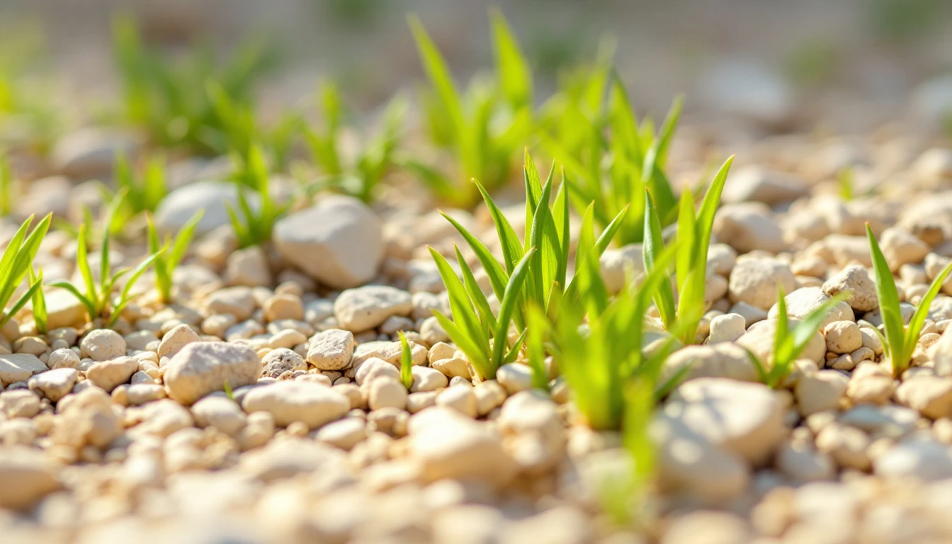 Green weeds pushing up through pale gravel stones