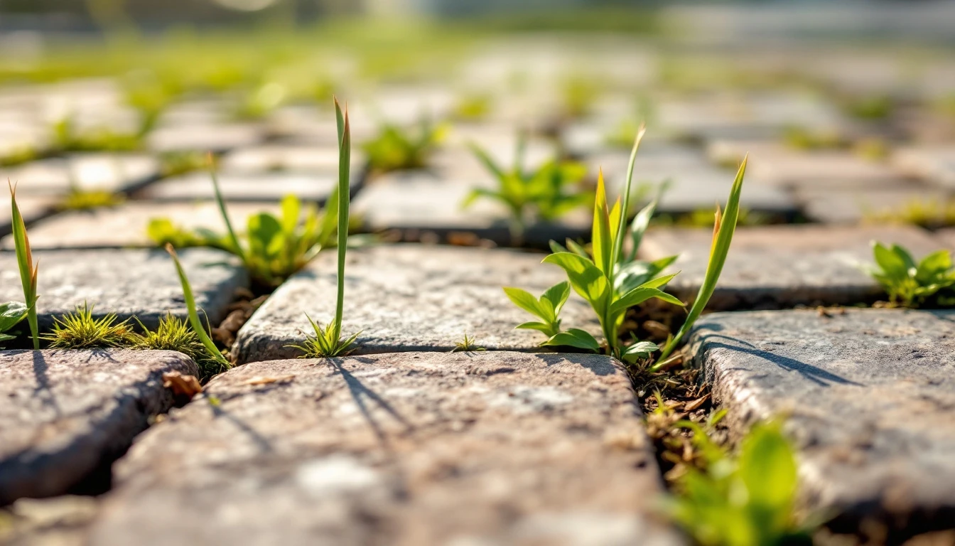 Tall weeds sprouting from gaps in a weathered paver drive