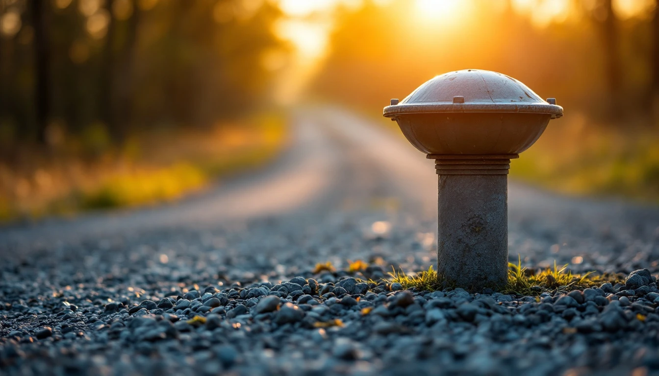Capped water well head beside a gravel drive in warm light