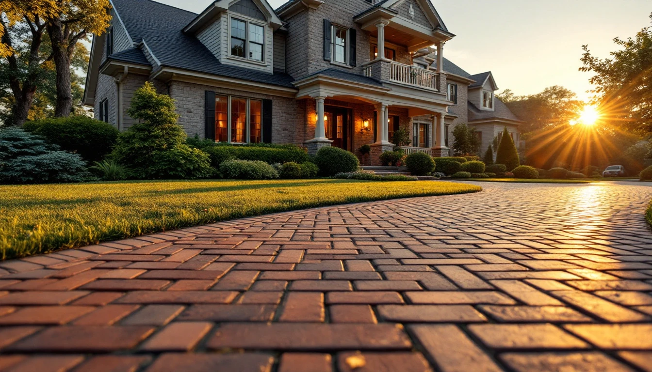 Well kept brick paver drive in front of a suburban home