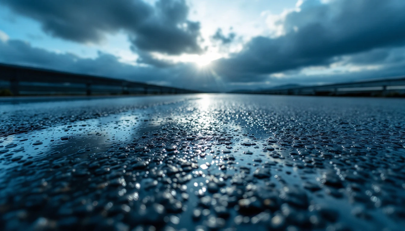 Wet asphalt surface reflecting a cloudy sky after rainfall