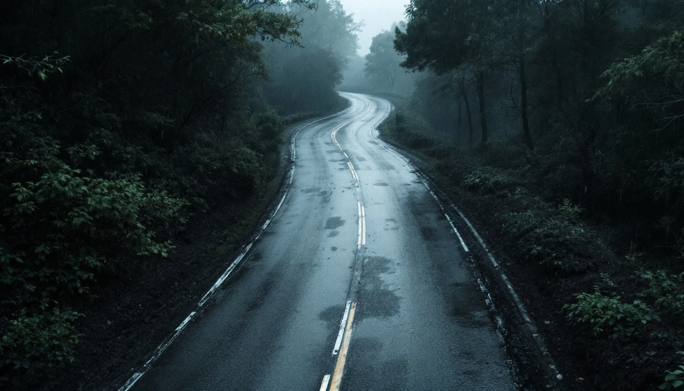 Rain darkened asphalt lane winding past trees seen from a high angle